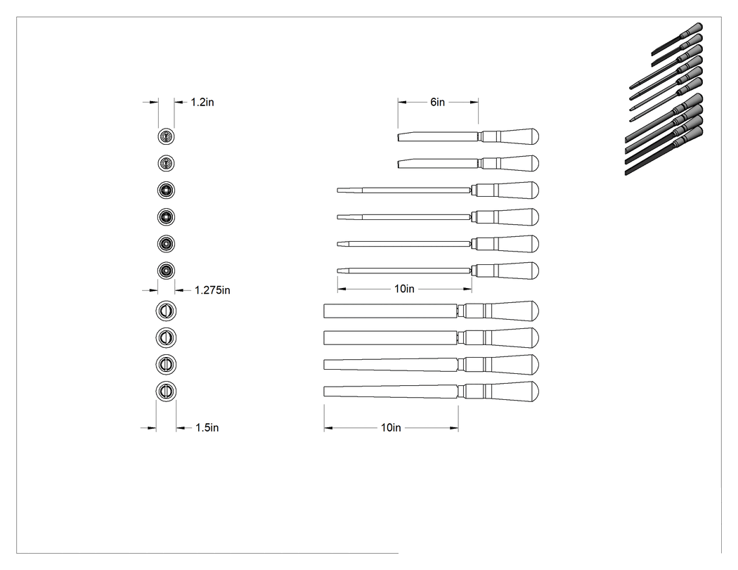 Teknik Çizim - 10 Parça Törpü Seti, 6" ve 10" Uzunluklar, Ahşap Sap