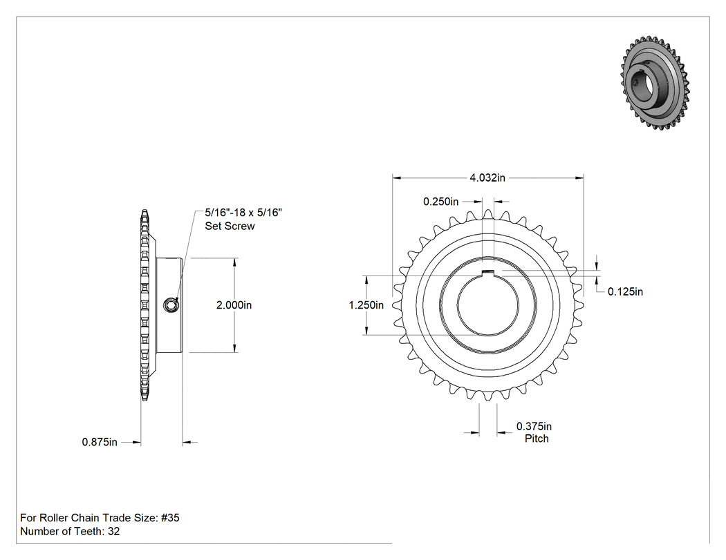 Teknik Çizim - Çelik Tek Sıralı Dişli, ANSI 35 Makaralı Zincir ve 1-1/4" Mil Çapı için, 32 Diş