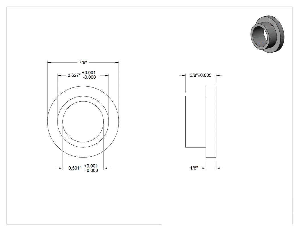 Teknik Çizim - Sertifikalı Yağ Dolgulu Burçlu Yatak, 1/2" Mil Çapı ve 5/8" Gövde İç Çapı için Flanşlı, 3/8" Uzunluk