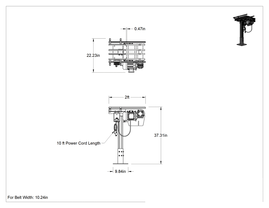 Teknik Çizim - 22-1/4" Genişlikte Tahrik Tertibatı, Sağ Taraf Motor, Modüler Mini Zincirli Konveyör için