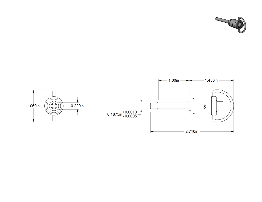 Teknik Çizim - D-Halkalı Düğme Tutamaklı Kilitli Hızlı Açma Pimi, Süper Paslanma ve Aşınmaya Dayanıklı 316 Paslanmaz Çelik, 3/16" Çap, 1" Kullanılabilir Uzunluk
