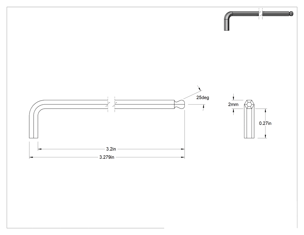 Teknik Çizim - Kısa Açılı Tahrikli Top Uçlu Altıgen L Anahtarı, Siyah Fosfat Kaplı, 2 mm Tahrik Boyutu, 3-1/4" Toplam Uzunluk