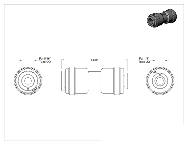 Teknik Çizim - Gıda ve İçecek için İt-Bağlantı Elemanı, Düz Redüktör, 5/16" x 1/4" Dış Çaplı Tüp için, Siyah