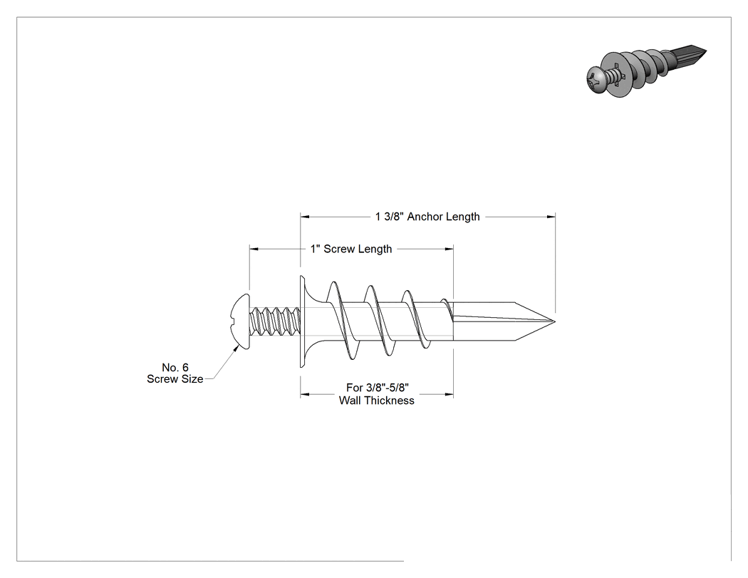 Teknik Çizim - Alçıpan için Delme Ankrajları, 1-3/8" Uzunluk, 6 Numaralı Naylon Plastik Vidalı