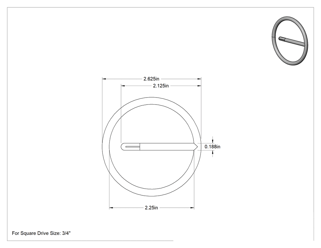 Teknik Çizim - 2-1/4" İç Çap 1 Parçalı Segman, 3/4" Kare Tahrik için