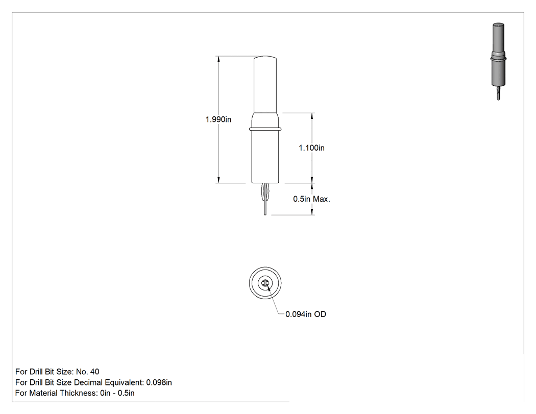 Teknik Çizim - Delik Tutucu Panel Hizalama Kelepçesi, 3/32" Dış Çap, #40 Matkap Ucu Boyutu için, 2" Toplam Uzunluk