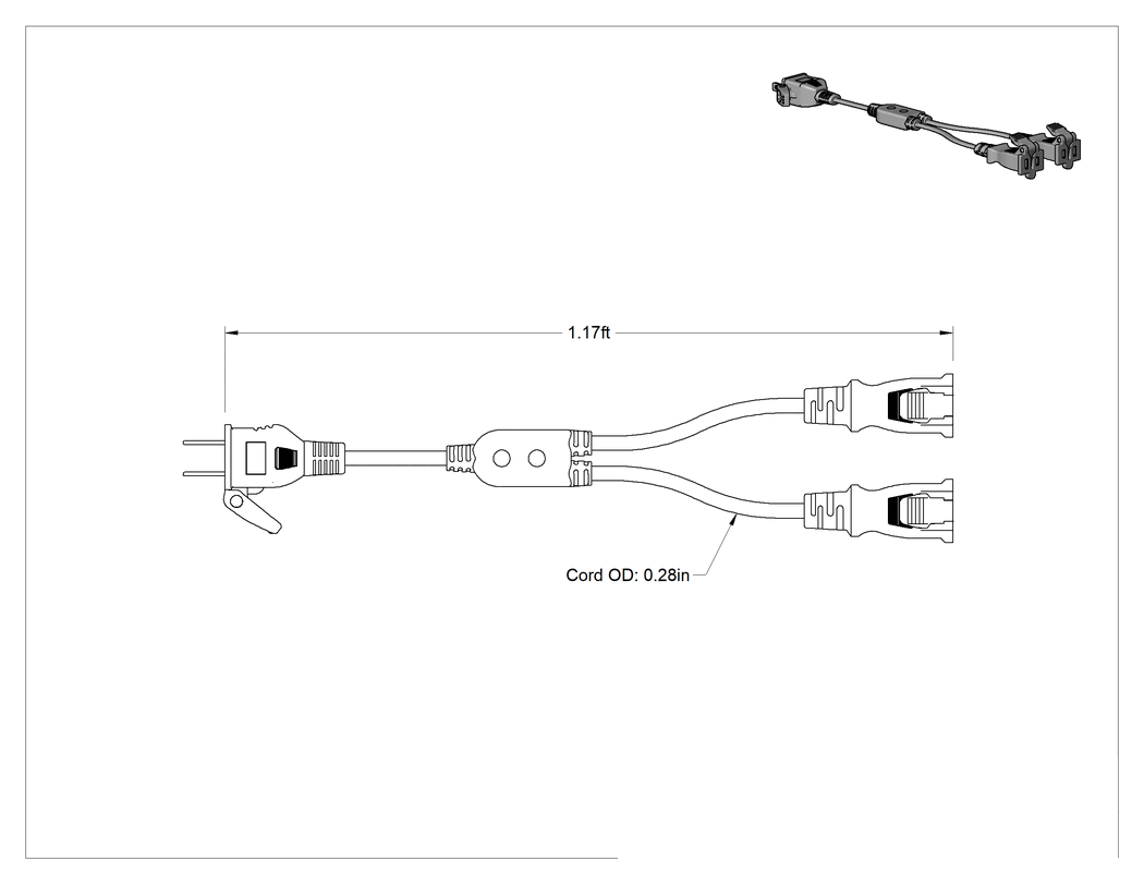 Teknik Çizim - Elektrik Kablosu Adaptörü, 2 Çıkışlı, NEMA 1-15 Fiş x NEMA 1-15 Priz