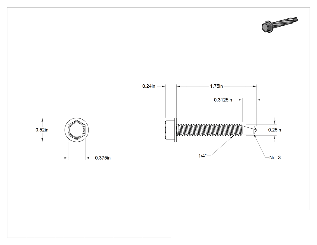 Teknik Çizim - 410 Paslanmaz Çelik Flanşlı Altıköşe Başlı Delme Vidası, 1/4" Vida Boyutu, 1-3/4" Uzunluk