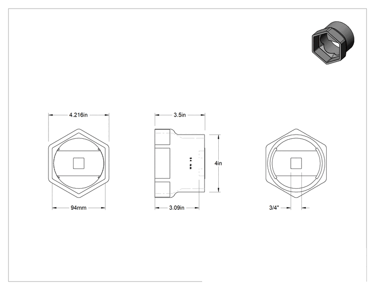 Teknik Çizim - 8 Uçlu Soket, 3/4" Kare Tahrik Boyutu, 94 mm Boyut