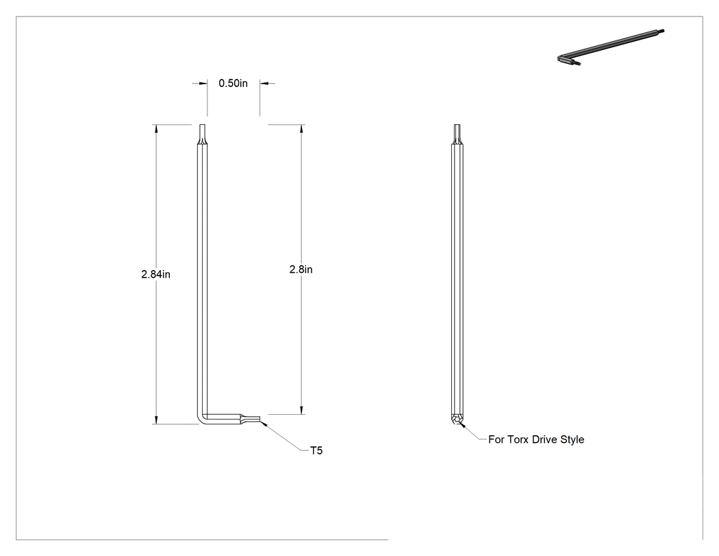 Teknik Çizim - Alaşımlı Çelik Torx L-Anahtarı, Siyah Oksit, T5 Tahrik Boyutu, 3" Toplam Uzunluk