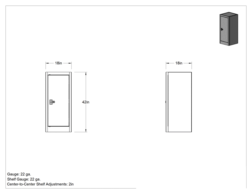 Teknik Çizim - Sabit Raf Dolabı, Montajlanmamış, 18" Genişlik x 42" Yükseklik x 18" Derinlik, Açık Gri