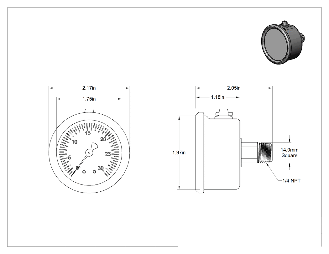 Teknik Çizim - Tek Ölçekli Vakummetre, Orta Arka Bağlantı, 2" Kadran