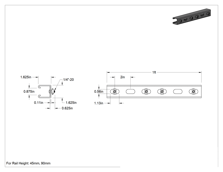 Teknik Çizim - T-Yivli Çerçeveleme için Strut Kanalı, Alüminyum, 45 mm Yükseklikte Tek Ray için, 1 Fit Uzunluğunda