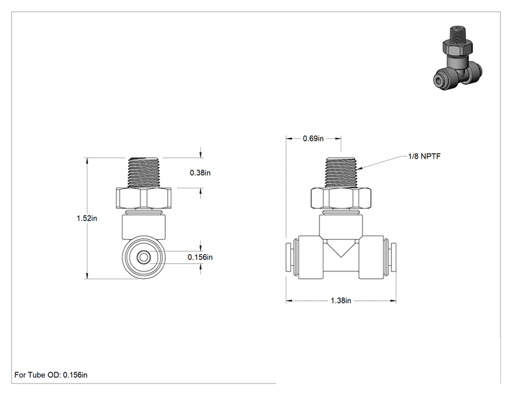 Teknik Çizim - İçme Suyu için İtme-Bağlantı Elemanı, Hat Üstü T, 5/32" Boru Dış Çapı x 1/8 NPTF Erkek için