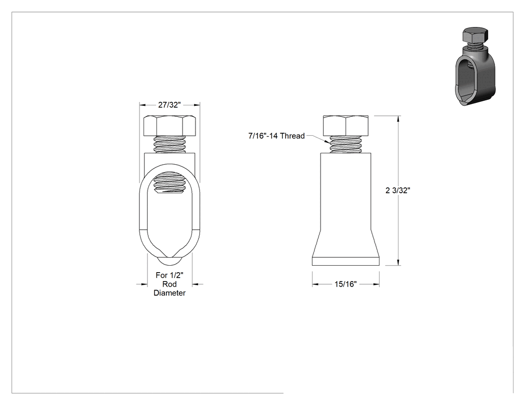 Teknik Çizim - Tek Somunlu Topraklama Çubuğu Kelepçesi, 1/2" Çubuk Çapı için