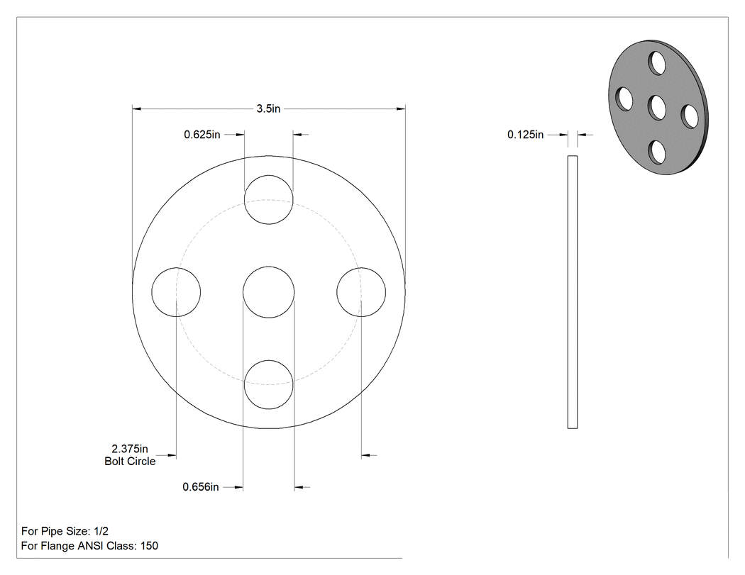 Teknik Çizim - Sıkıştırılabilir Takviyeli ePTFE Conta, Cıvata Delikli, Ultra Kimyasal Dirençli, 1/2 Boru Boyutu