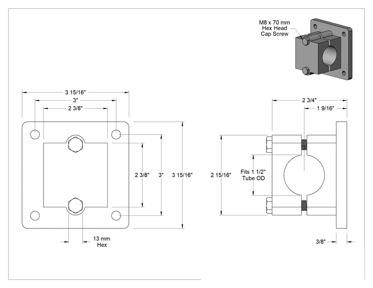 Teknik Çizim - Ağır Hizmet Tipi Alüminyum Kelepçeli Çerçeve Bağlantı Elemanı, 1-1/2" Ray Dış Çapı için Eklenti Delikli Destek