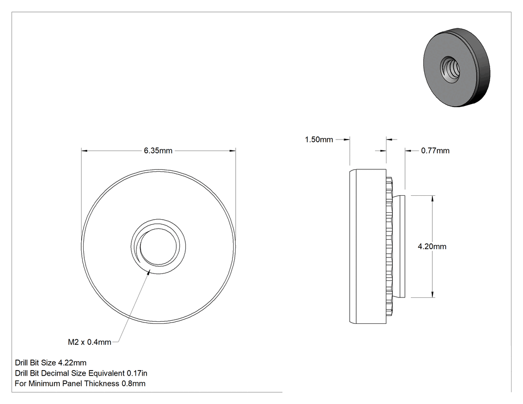 Teknik Çizim - Çinko Kaplı Çelik Sac Metal için Presle Takılan Somun, Yuvarlak Baş, M2 x 0.4mm, 0.8 mm Minimum Panel Kalınlığı için