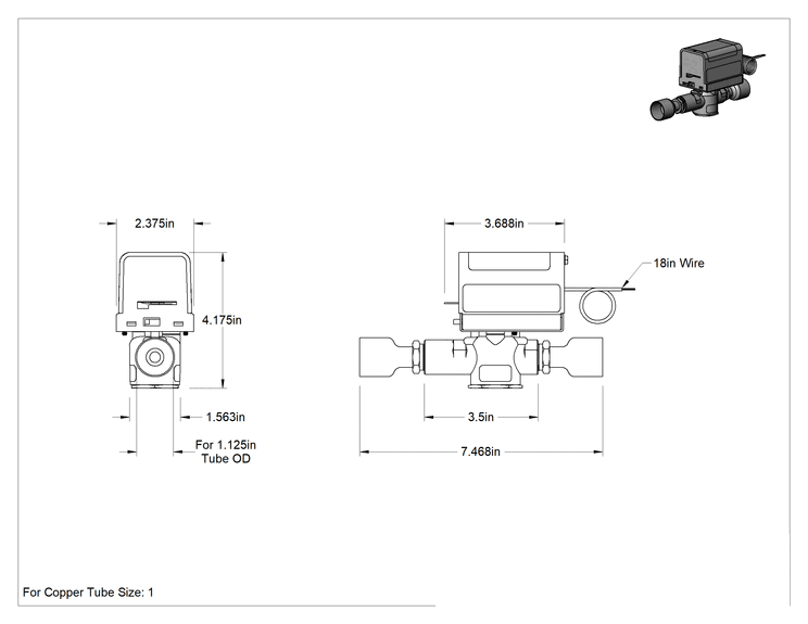 Teknik Çizim - Motor Tahrikli Açma/Kapama Vanası, Lehimli Bağlantı Parçaları, 24V AC, 1-1/8" Boru Dış Çapı için