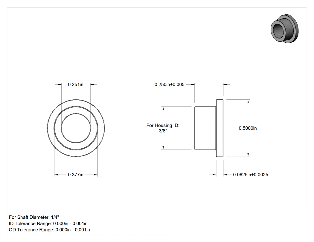 Teknik Çizim - Yağ Dolgulu 841 Bronz Flanşlı Burçlu Yatak, 1/4" Mil Çapı ve 3/8" Muhafaza İç Çapı için, 1/4" Uzunluk
