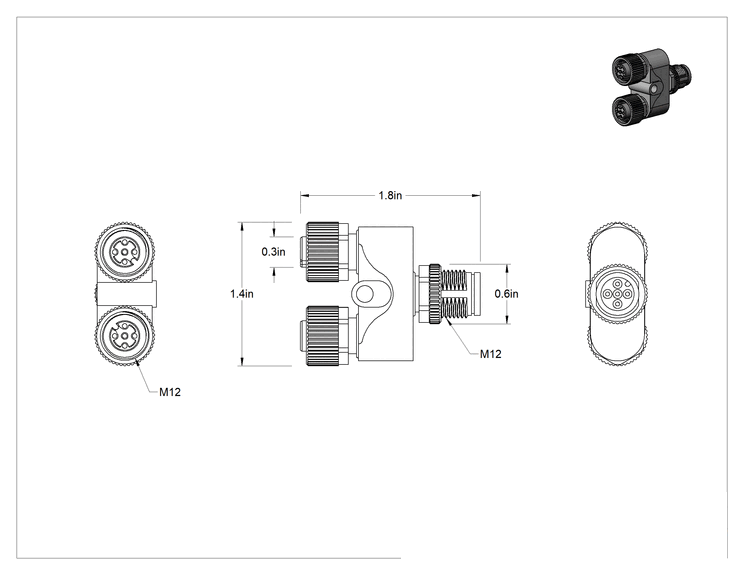 Teknik Çizim - Mikro M12 Ayırıcı, Düz Erkek Fiş x Düz Dişi Soket, A Kodlu