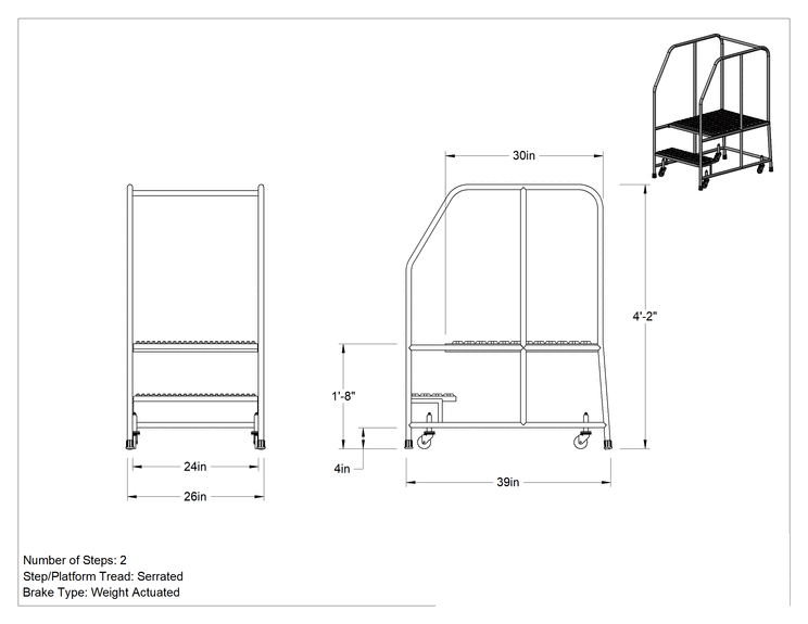 Teknik Çizim - Çelik Yuvarlanan Platform Merdiveni, 2 adet tırtıklı basamaklı, 4'2" Yükseklik x 26" Genişlik x 39" Derinlik Toplam