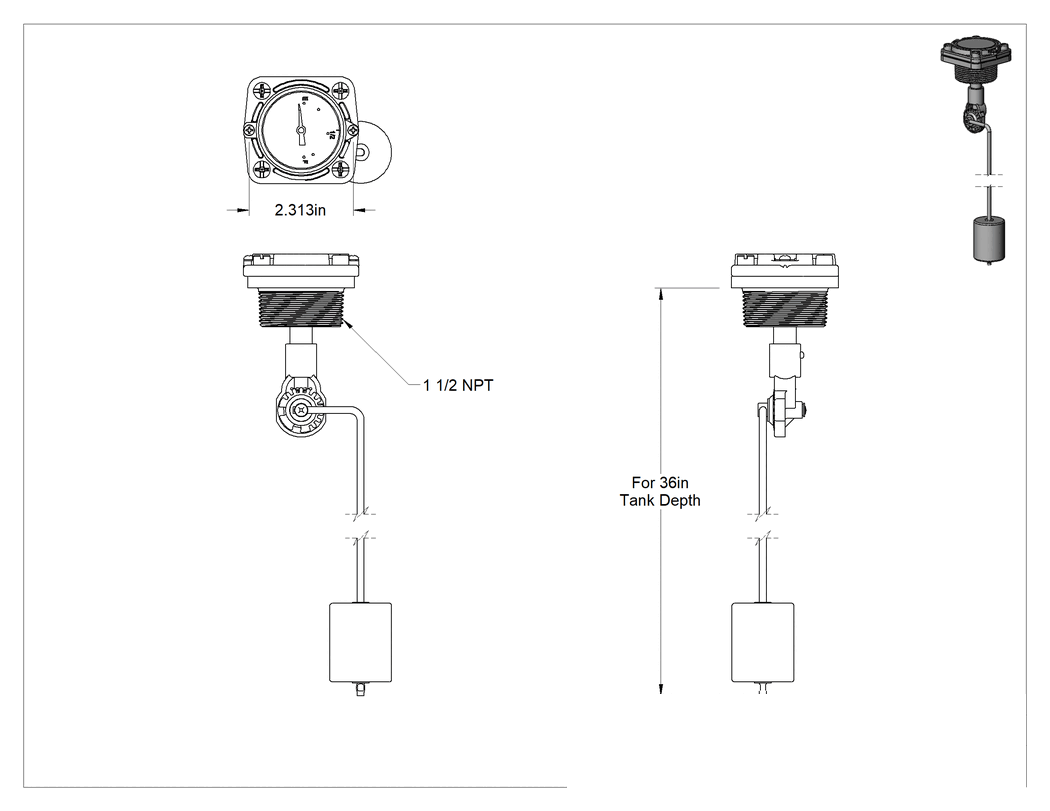 Teknik Çizim - Tanklar için Dikey Montajlı Yakıt Seviye Göstergesi, Alüminyum Şamandıra Çubuğu, 1-1/2 NPT Erkek