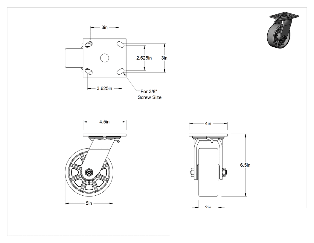 Teknik Çizim - 4-1/2" x 4" Plakalı Yüksek Kapasiteli Spartan Tekerlek, 5" Çaplı Korumalı Rulmanlı Metal Tekerlekli Döner Tekerlek