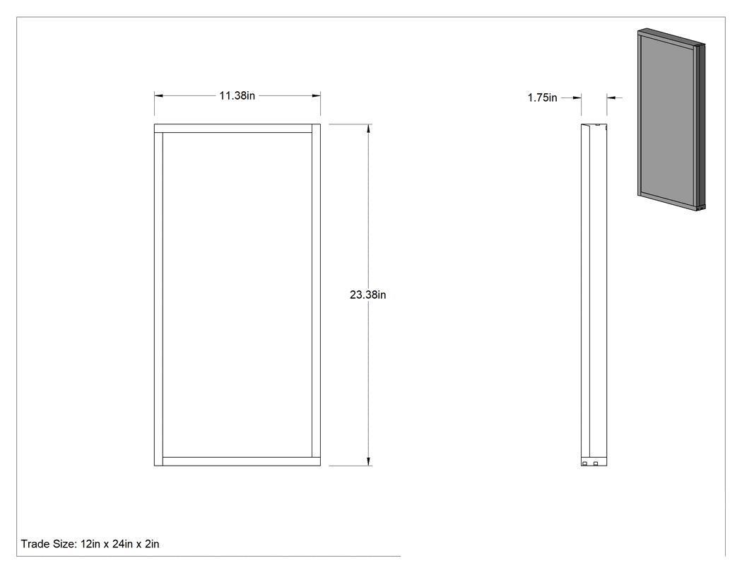 Teknik Çizim - Kıvrımlı Panel Hava Filtresi, Pileli, 2" Kalınlık, 12 x 24 Anma Ölçüsü