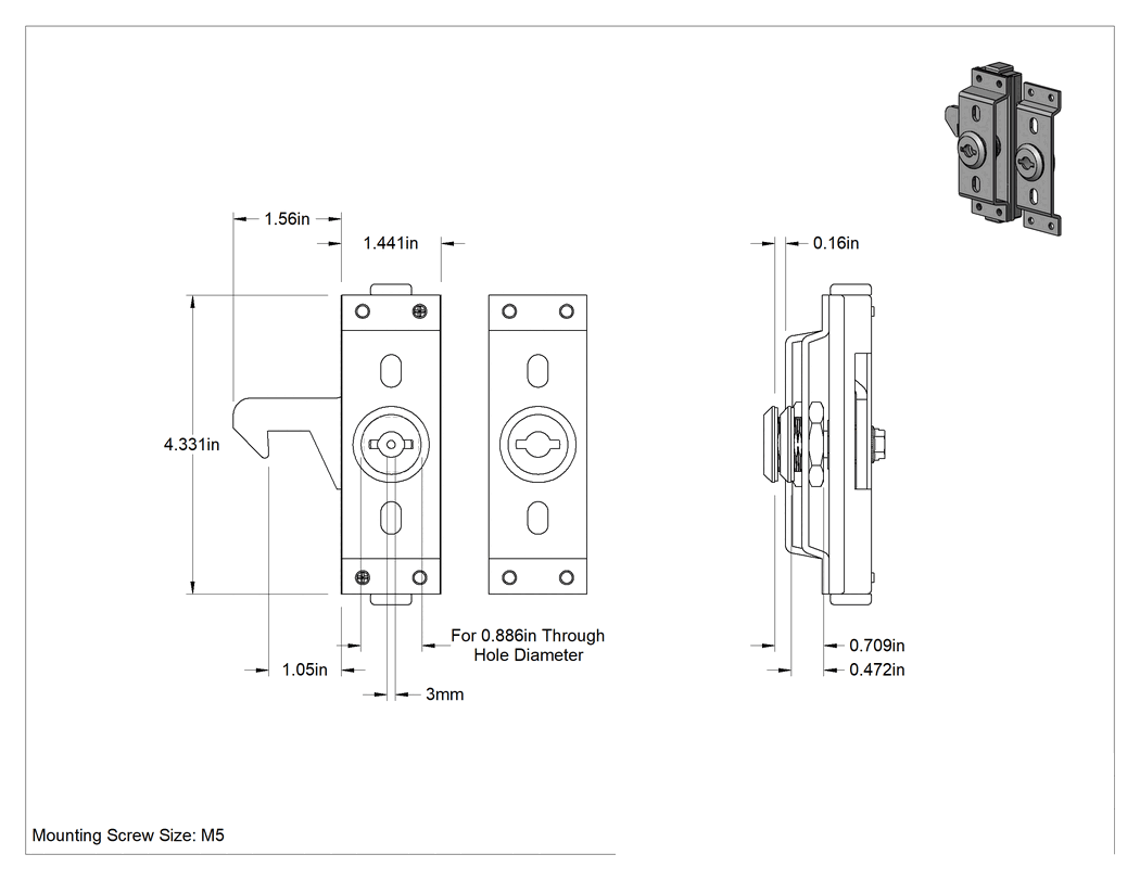 Teknik Çizim - Sürgülü Kapılar için Baskı ile Kapanan Kilitleme Mandalı, 1/8" Maksimum Kapı Kalınlığı için, Sol Yan Montajı, 3 mm Anahtar Boyutu