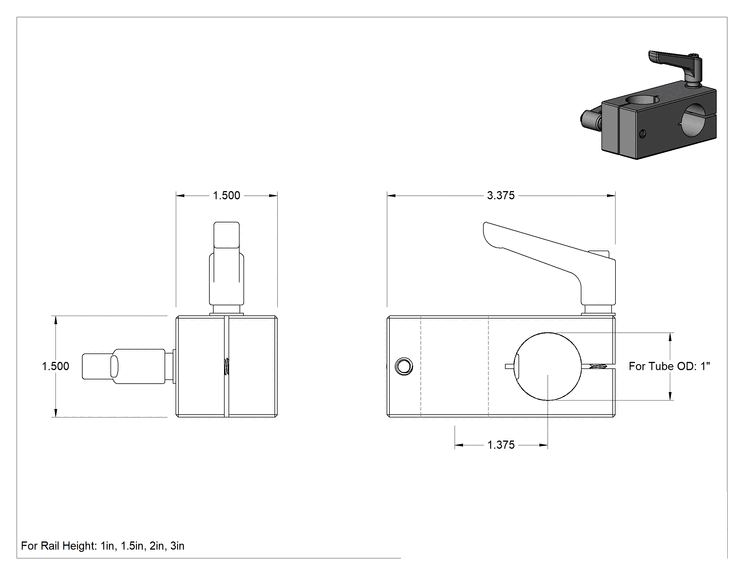 Teknik Çizim - T-Yivli Çerçeve, 1" için Borudan Boruya Tutucu, 1.5", 2" ve 3" Yüksekliğinde Ray