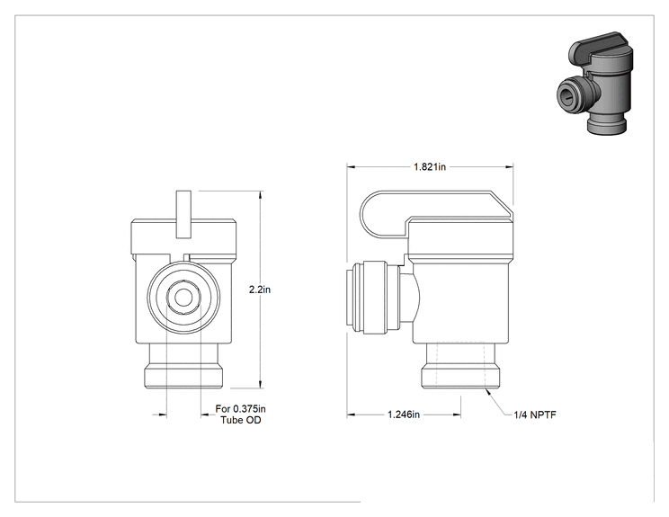 Teknik Çizim - İçme Suyu için Açma/Kapama Vanası, Polipropilen Dirsek, 1/4" NPTF Dişi, 3/8" Boru Push-Connect
