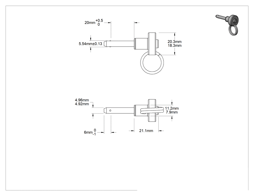 Teknik Çizim - Topuz Tutamaklı Basmalı Düğme Hızlı Açma Pimi, Halkalı, 17-4 PH Paslanmaz Çelik, 5 mm Çap, 20 mm Kullanılabilir Uzunluk