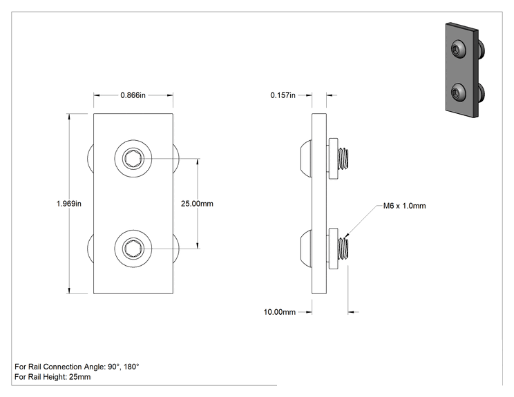 Teknik Çizim - T-Yivli Çerçeve Yapısal Braket, 25 mm Yüksekliğinde Ray için Yüzey Braketi, 1-31/32" Uzunluk, Siyah