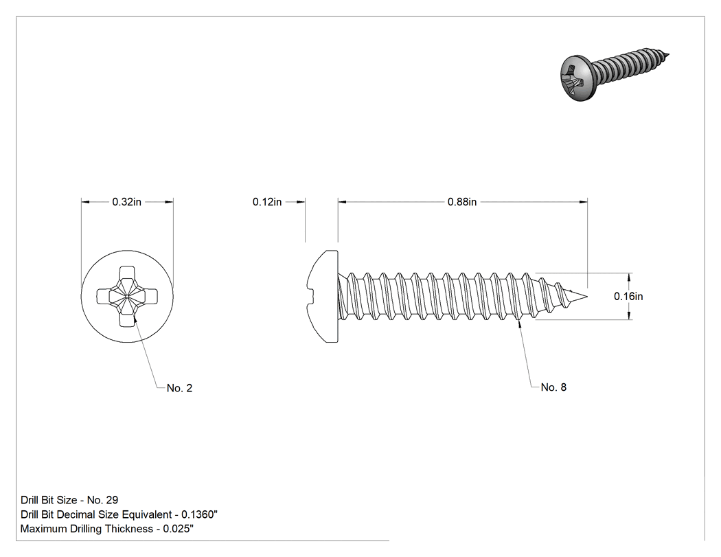 Teknik Çizim - Metal için Phillips Yuvarlak Başlı Vidalar, Siyah Oksit 18-8 Paslanmaz Çelik, Numara 8 Vida Boyutu, 7/8" Uzunluk