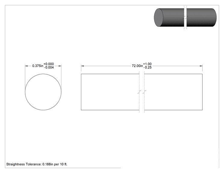 Teknik Çizim - Yüksek Mukavemetli 1141 Karbon Çelik, 3/8" Çap x 6 Fit Uzunluk Çubuk