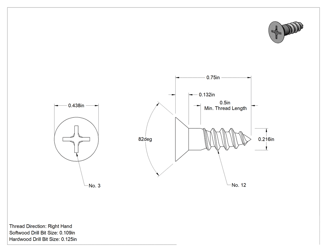 Teknik Çizim - Ahşap için Pirinç Phillips Havşa Başlı Vidalar, 12 Numaralı Boyut, 3/4" Uzunluk