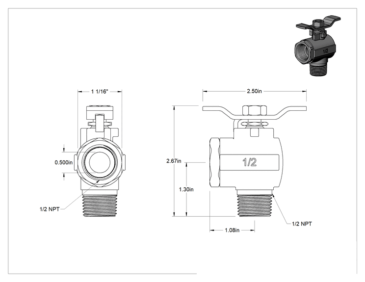 Teknik Çizim - Pirinç Dirsek Açma/Kapama Vanası, T-Saplı, 1/2 NPTF Erkek x 1/2 NPTF Dişi