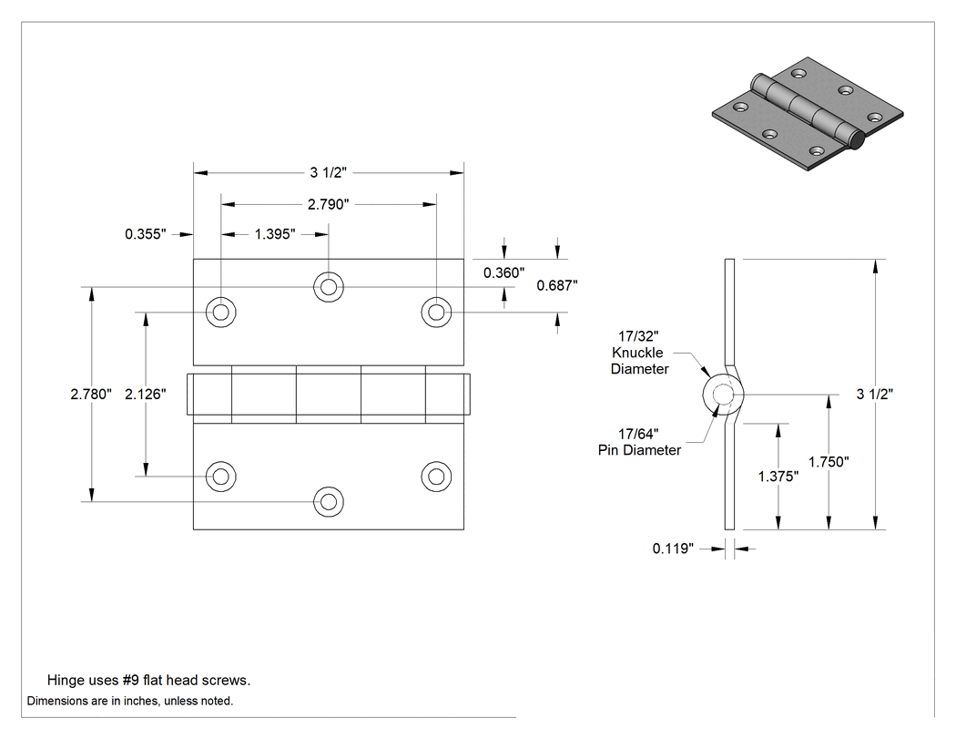 Teknik Çizim - Gömme Montajlı Giriş Kapısı Şablonu Menteşesi, Parlak Pirinç Kaplamalı Çelik, 3-1/2" x 1-3/4" Kapı Kanadı