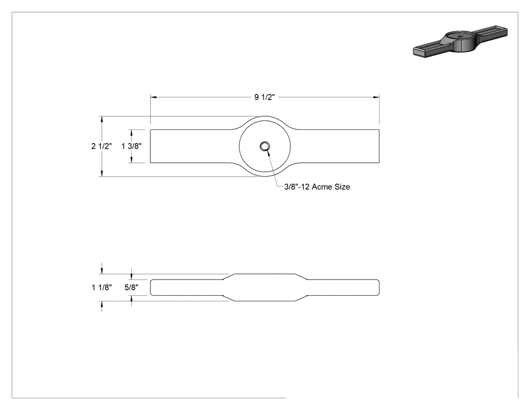 Teknik Çizim - Acme Sağ Yönlü Tutacağı, Düz, 3/8"-12 Diş Boyutu