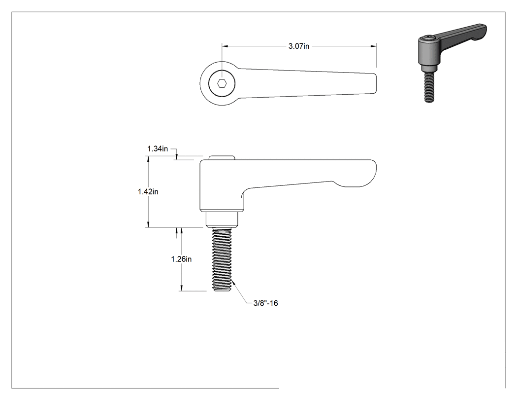 Teknik Çizim - Düşük Profilli Ayarlanabilir Tutamak, 3/8"-16 Dişli 1-1/4" Uzunlukta Saplamalı, Siyah Naylon
