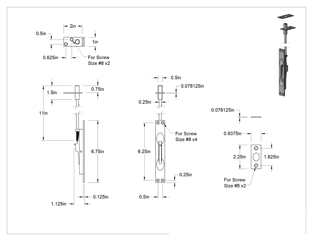 Teknik Çizim - Gömme Cıvata Kilidi, Zorlamaya Dayanıklı, Manuel, Metal Kapılar için, 6-3/4" Yükseklik