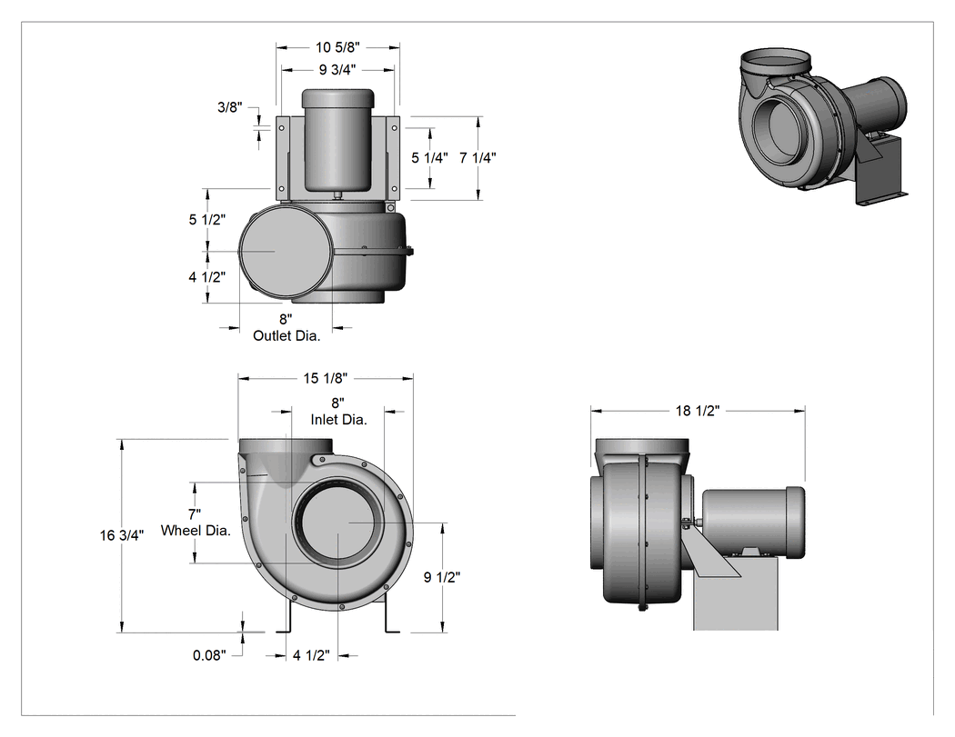 Teknik Çizim - Kimyasallara Dayanıklı Üfleyici, Yuvarlak Çıkışlı, 960 CFM @ 1/2 inç Su