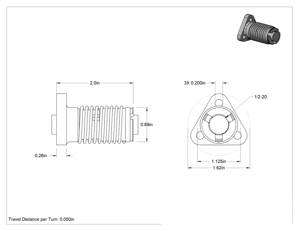 Teknik Çizim - 1/2"-20 Diş Boyutu Ultra Hassas Kılavuz Vidayı için Yaylı Flanşlı Somun