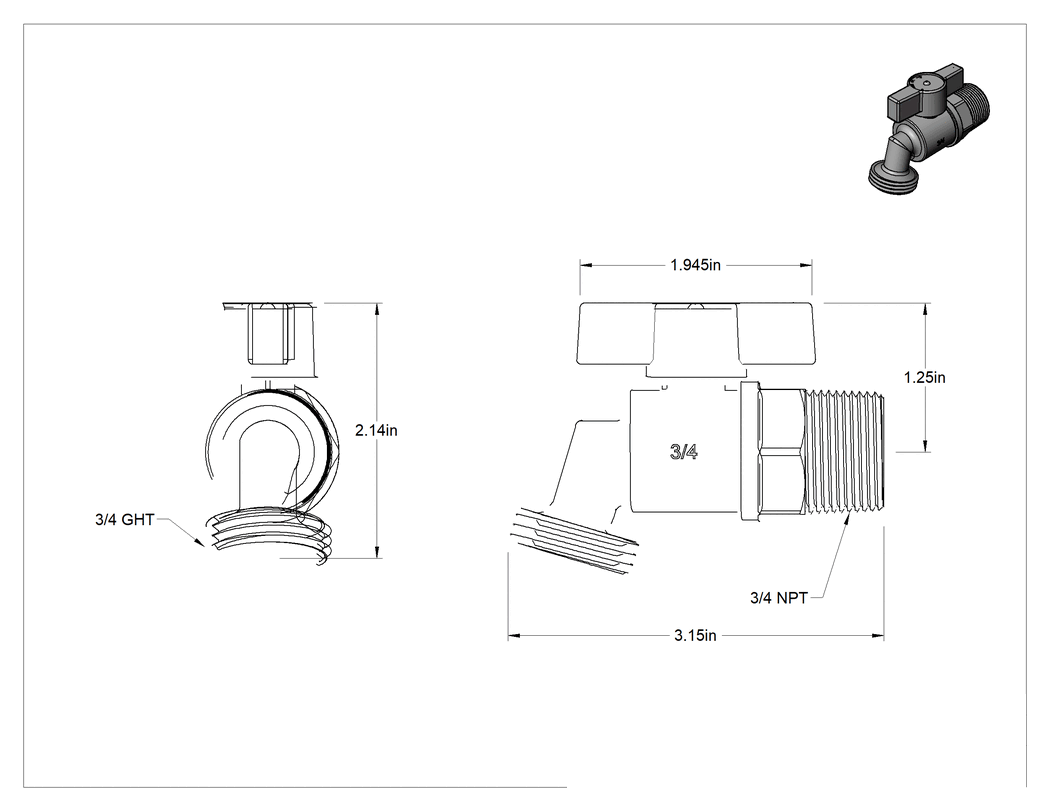 Teknik Çizim - Pirinç Gövdeli Akış Ayar Valfi, 3/4 NPT Erkek Girişli Açma/Kapama Musluğu, 1-1/4" Yükseklik