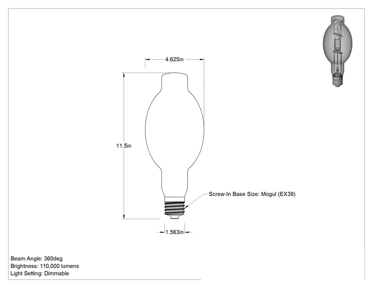 Teknik Çizim - Metal Halide Ampul, BT37 Üflemeli Boru, EX39 Mogul Tabanı, 1000W, 4200K