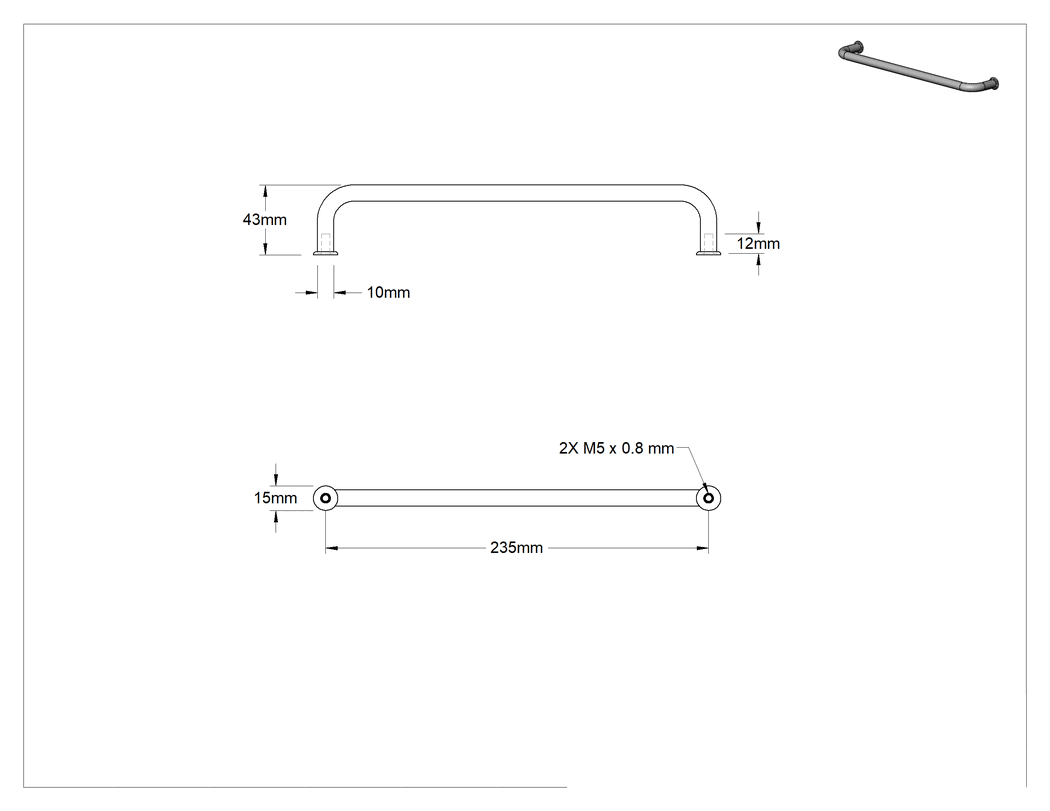 Teknik Çizim - Mat 300 Paslanmaz Çelik Yuvarlak Çekme Kolu, 235 mm Merkezden Merkeze Genişlik