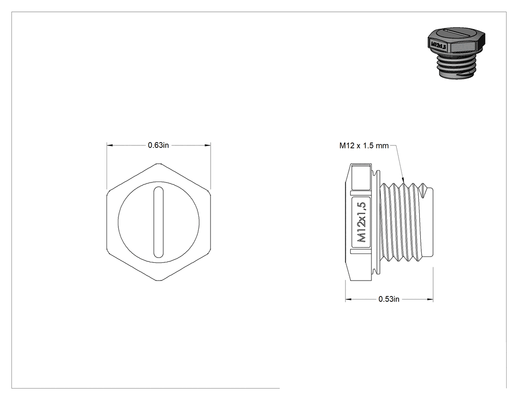 Teknik Çizim - Muhafazalar için Su Geçirmez Dişli Tapalar, M12 x 1.5 mm Diş