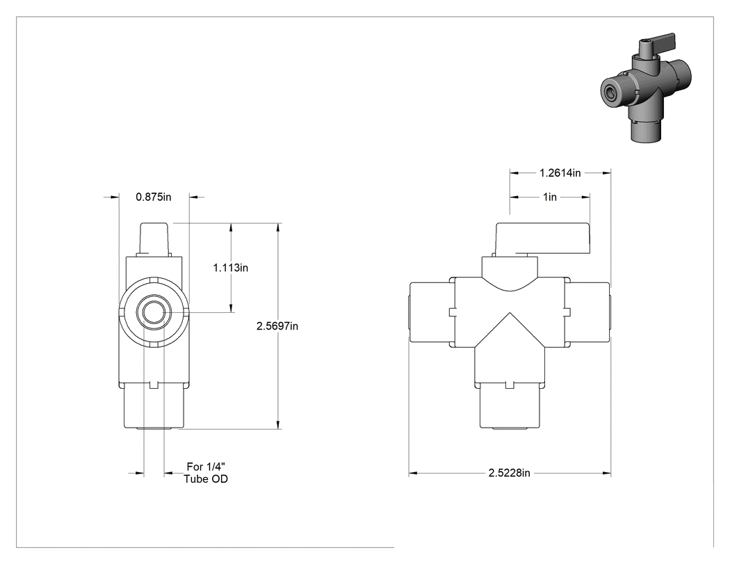 Teknik Çizim - Bas-Bağlan Bağlantı Parçalı Yön Değiştirme Vanası, Siyah Naylon Gövde, 1/4" Boru Dış Çapı için