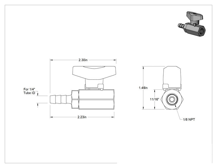 Teknik Çizim - Dişli Bağlantı Parçalı Kompakt Açma/Kapama Valfi, T-Saplı, 1/8 NPT Dişi x 1/4" Boru İç Çapı için Tırnaklı